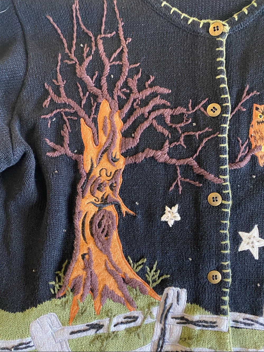 Halloween Pumpkin & Black Cat Embroidered Cardigan Sweater - Black/Olive - Picture 6 of 13